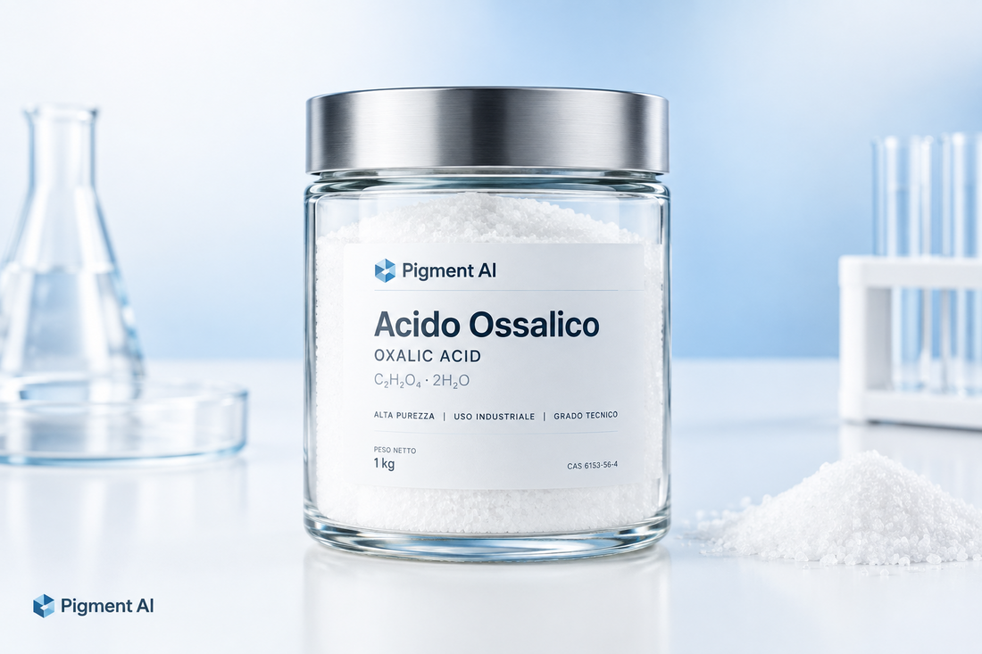 Barattolo etichettato Acido Ossalico Pigment Al con cristalli bianchi, su un banco di laboratorio