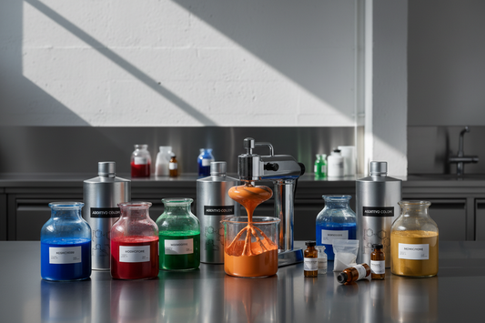 Additivi chimici per idropitture: becher con liquidi colorati e polveri pigmentanti in laboratorio