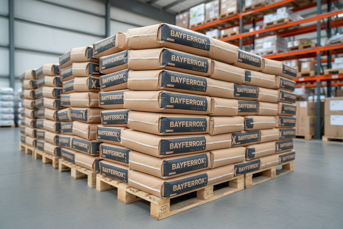 Sacchi di ossidi di ferro Bayferrox su pallet in magazzino – pigmenti inorganici per edilizia Pigment Al