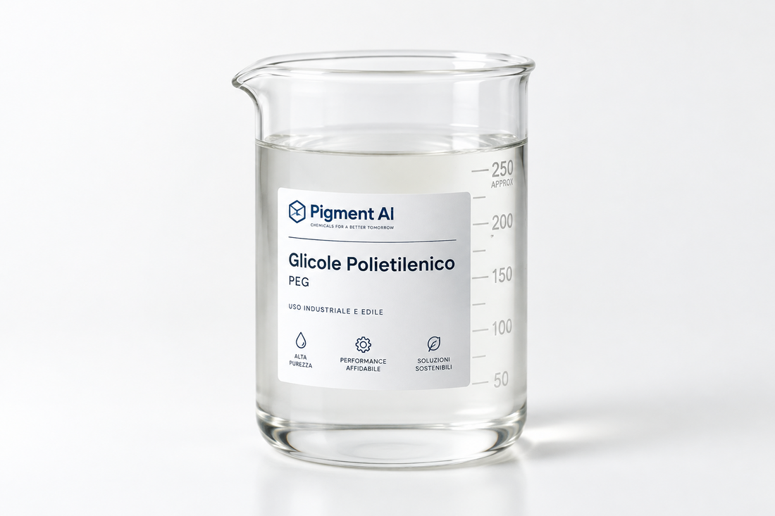 Becher con liquido trasparente ed etichetta Glicole Polietilenico PEG di Pigment Al
